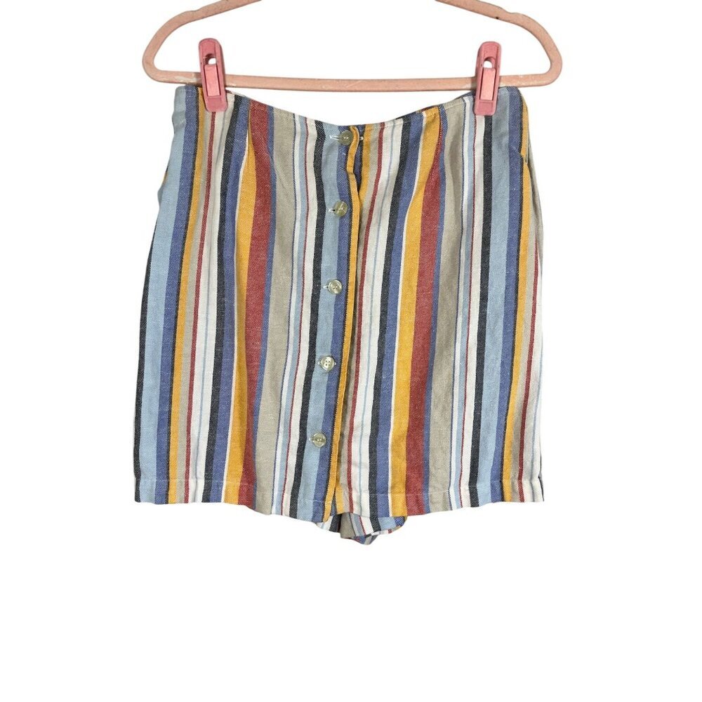 Retro Linen Striped Skirt Red 12P Skort Preppy Classic Chic Boho‎ Indie Folk 80s